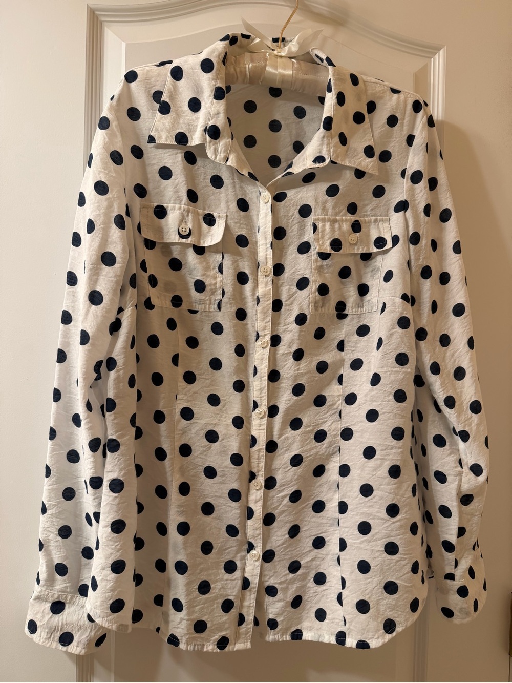 NWOT White Button-Up Shirt with Black Polka Dots - Picture 1 of 8